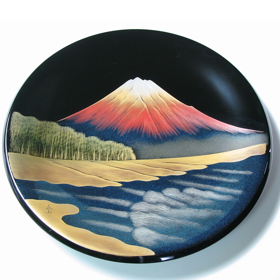 飾り皿 富士に松原 黒 木製 漆塗り 絵皿 インテリア