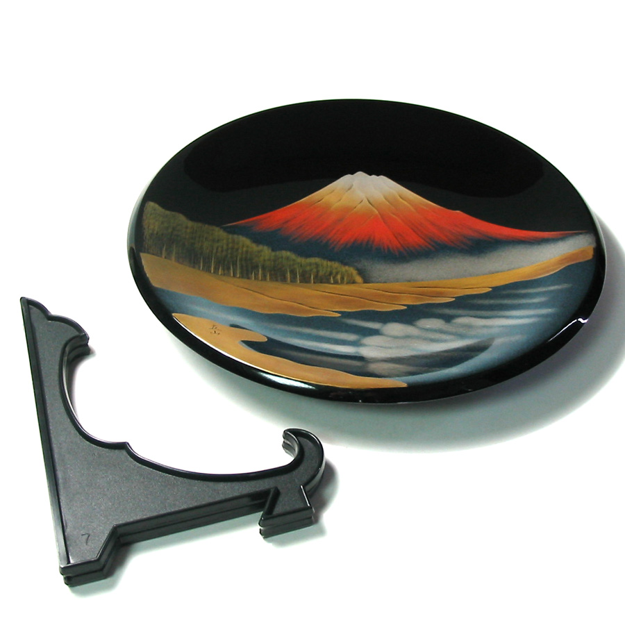 飾り皿 富士に松原 黒  木製漆塗り 絵皿