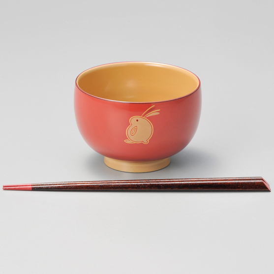 子供汁椀 若草/ピンク うさぎ ハート箸付 漆塗り【製造中止】 漆器の井助