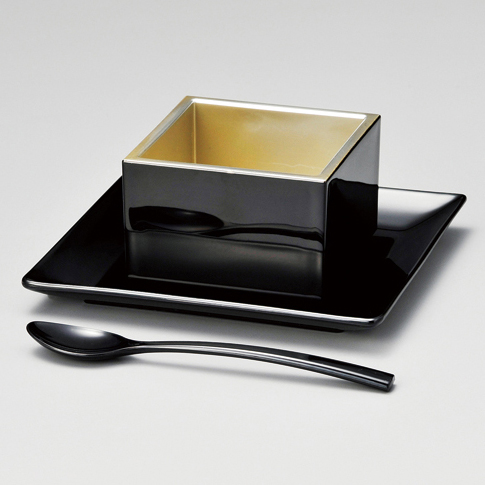 デザートカップ・ソーサーセット マス 黒内銀 漆塗り