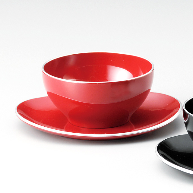 デザートカップ＆ソーサー 銀ライン 朱