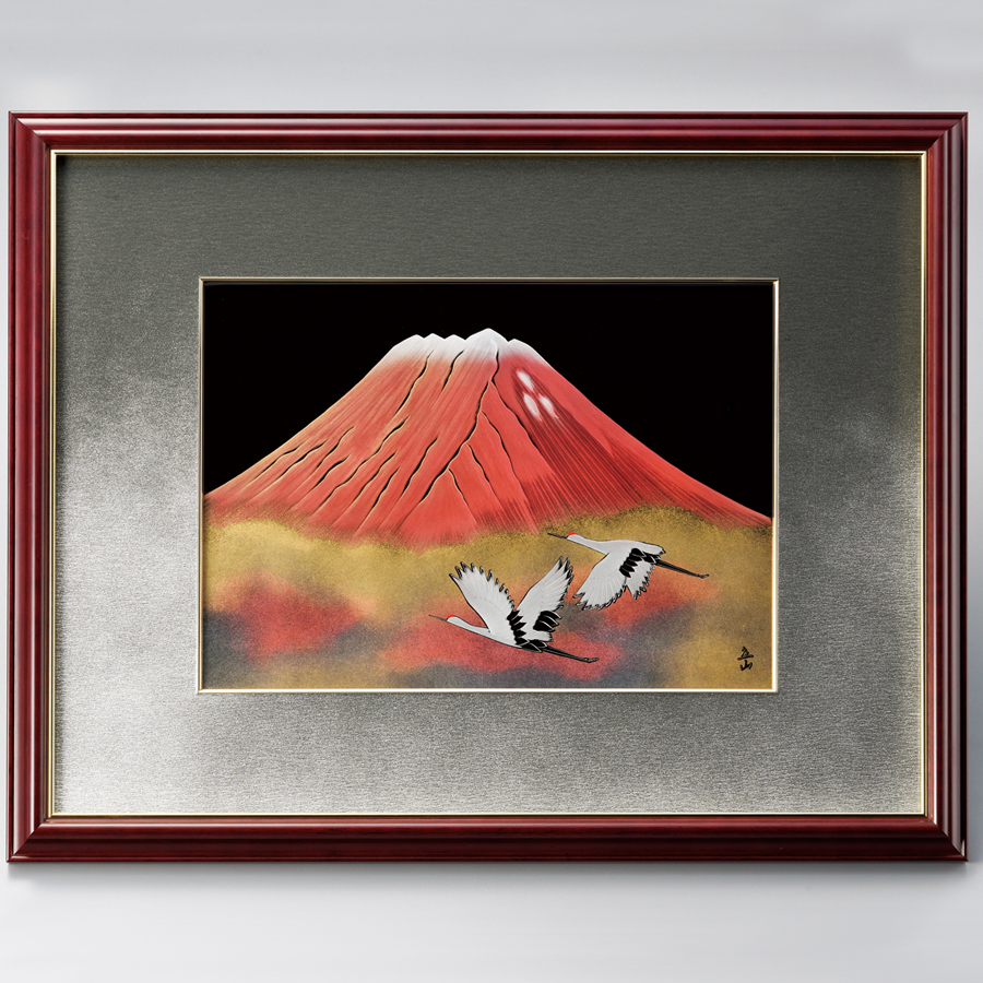 パネル 赤富士に白鶴 【送料無料】 漆塗り・木製