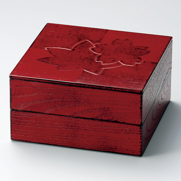 二段オードブル重 色紙春秋布張 根来 7寸 木製　11-16103