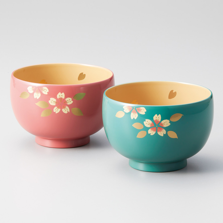 夫婦椀 桜 福寿汁椀 ピンク・モスグリーン 2客セット 漆塗り 漆器の井助