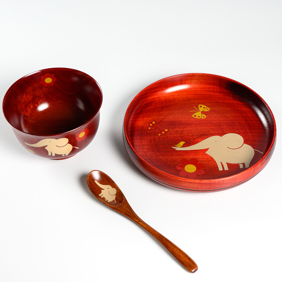 アニマル柄食器セット 桜 茜 木製 漆塗り 子供用食器