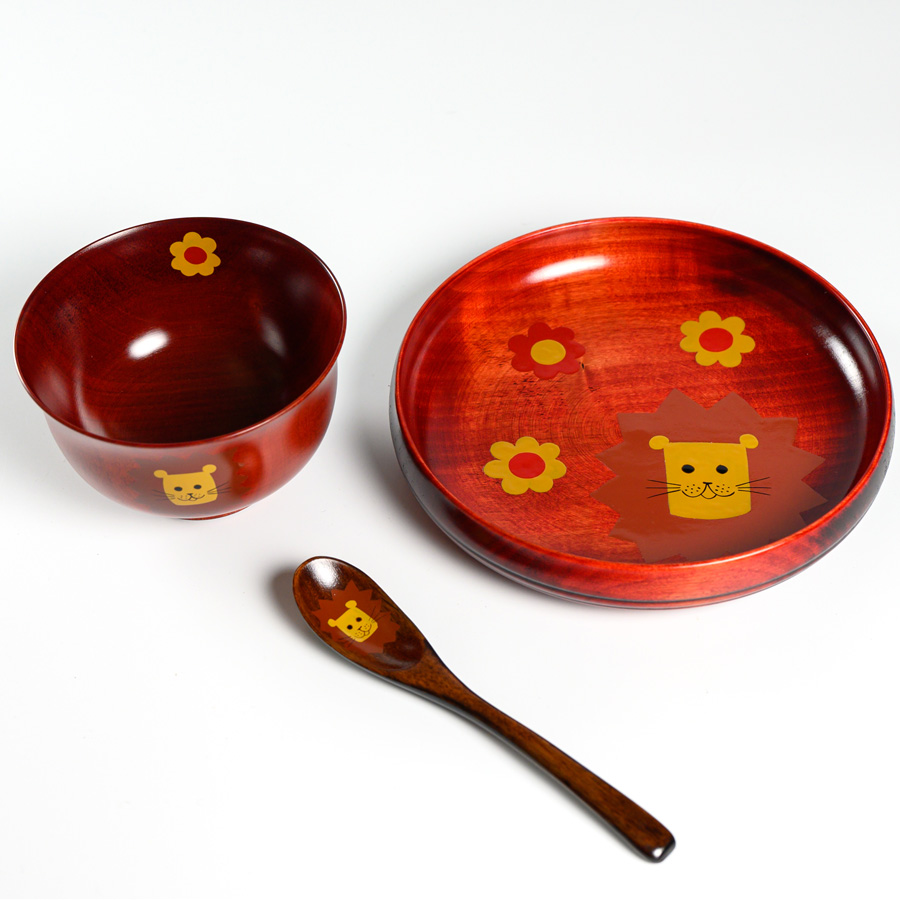 アニマル柄食器セット 桜 茜 木製 漆塗り 子供用食器