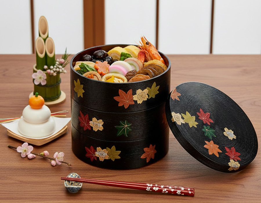 丸三段重箱 千筋 春秋 木製 漆塗りお重箱 FC19-5 漆器の井助